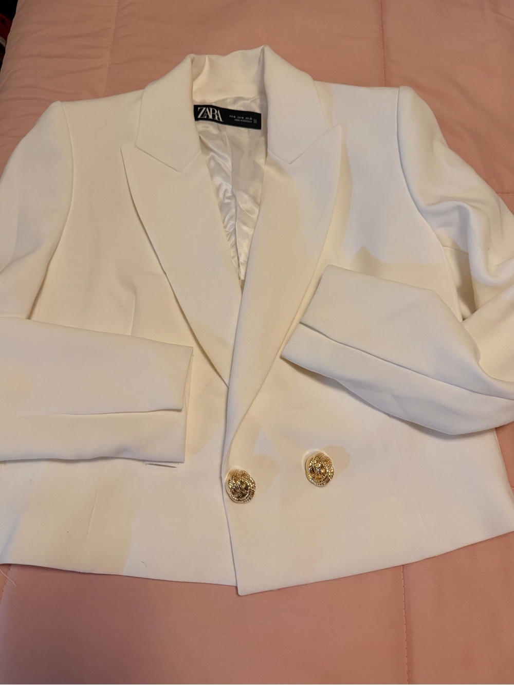 Zara Cream Double-Breasted Cropped Blazer with Gold Buttons